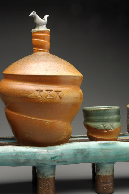New Work :: Close up Flask, Stand, Cups :: Tom White Pottery